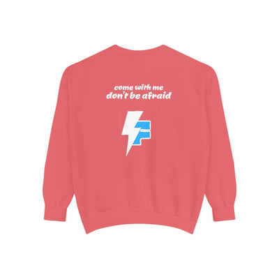 Don't Be Afraid and Come With Me graphic sweatshirt, cool design on blue unisex sweater, perfect for Halloween vibes.