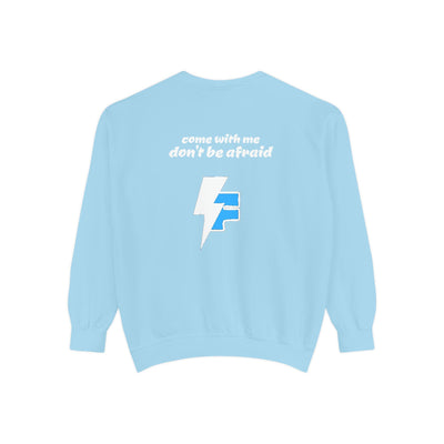 Don't Be Afraid and Come With Me graphic sweatshirt, cool design on blue unisex sweater, perfect for Halloween vibes.