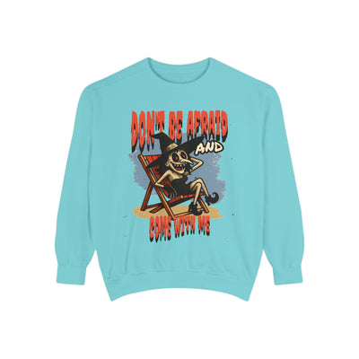 Don't Be Afraid and Come With Me graphic sweatshirt, cool design on blue unisex sweater, perfect for Halloween vibes.