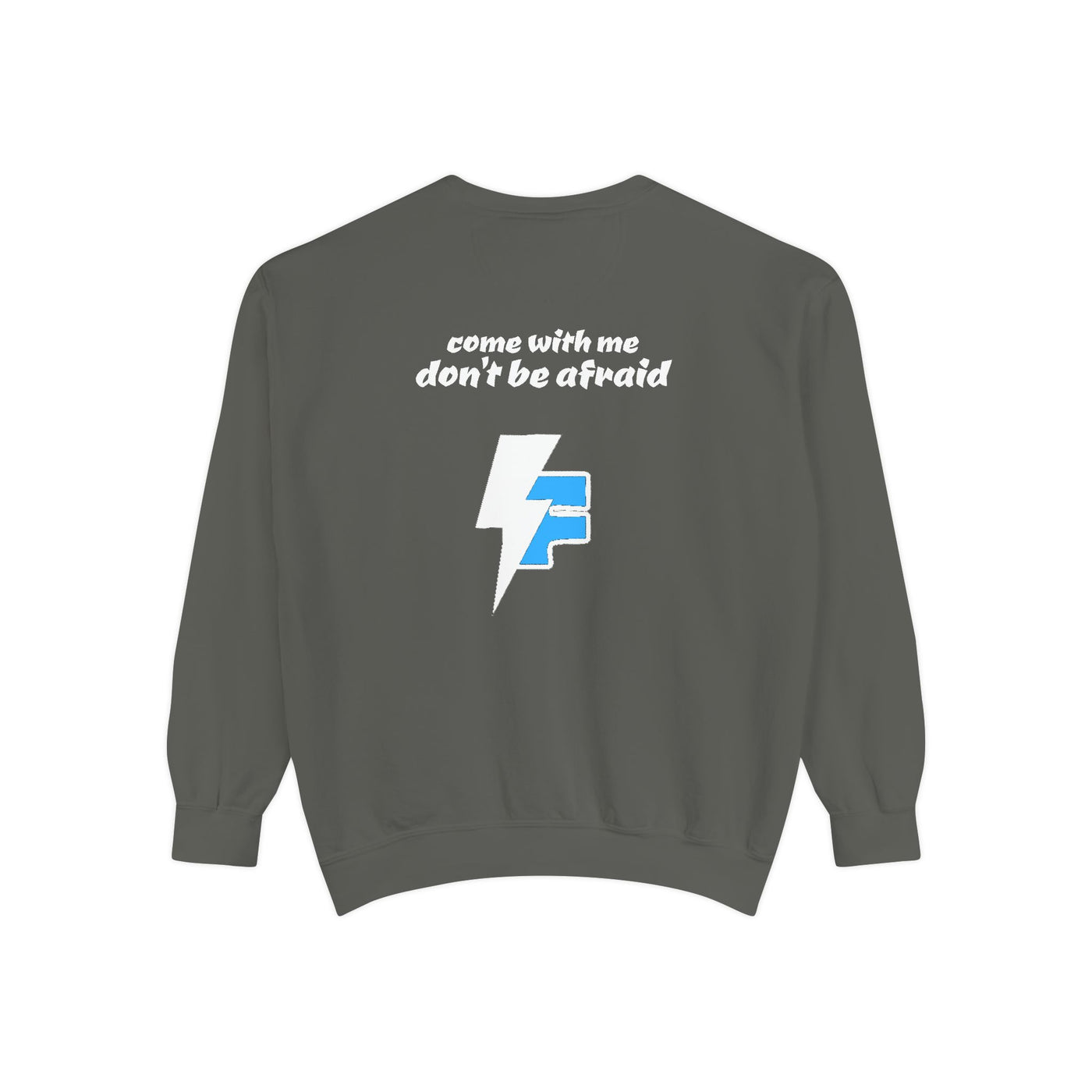 Don't Be Afraid and Come With Me graphic sweatshirt, cool design on blue unisex sweater, perfect for Halloween vibes.