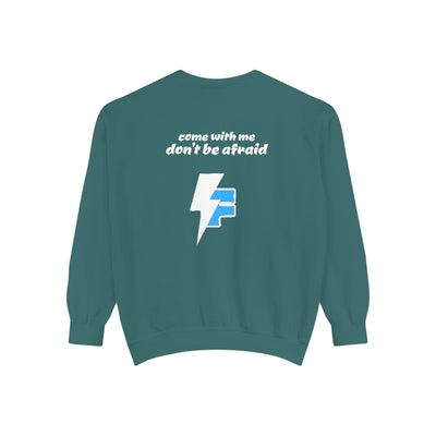 Don't Be Afraid and Come With Me graphic sweatshirt, cool design on blue unisex sweater, perfect for Halloween vibes.