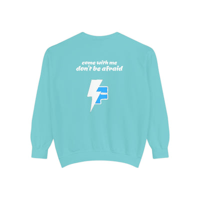 Don't Be Afraid and Come With Me graphic sweatshirt, cool design on blue unisex sweater, perfect for Halloween vibes.
