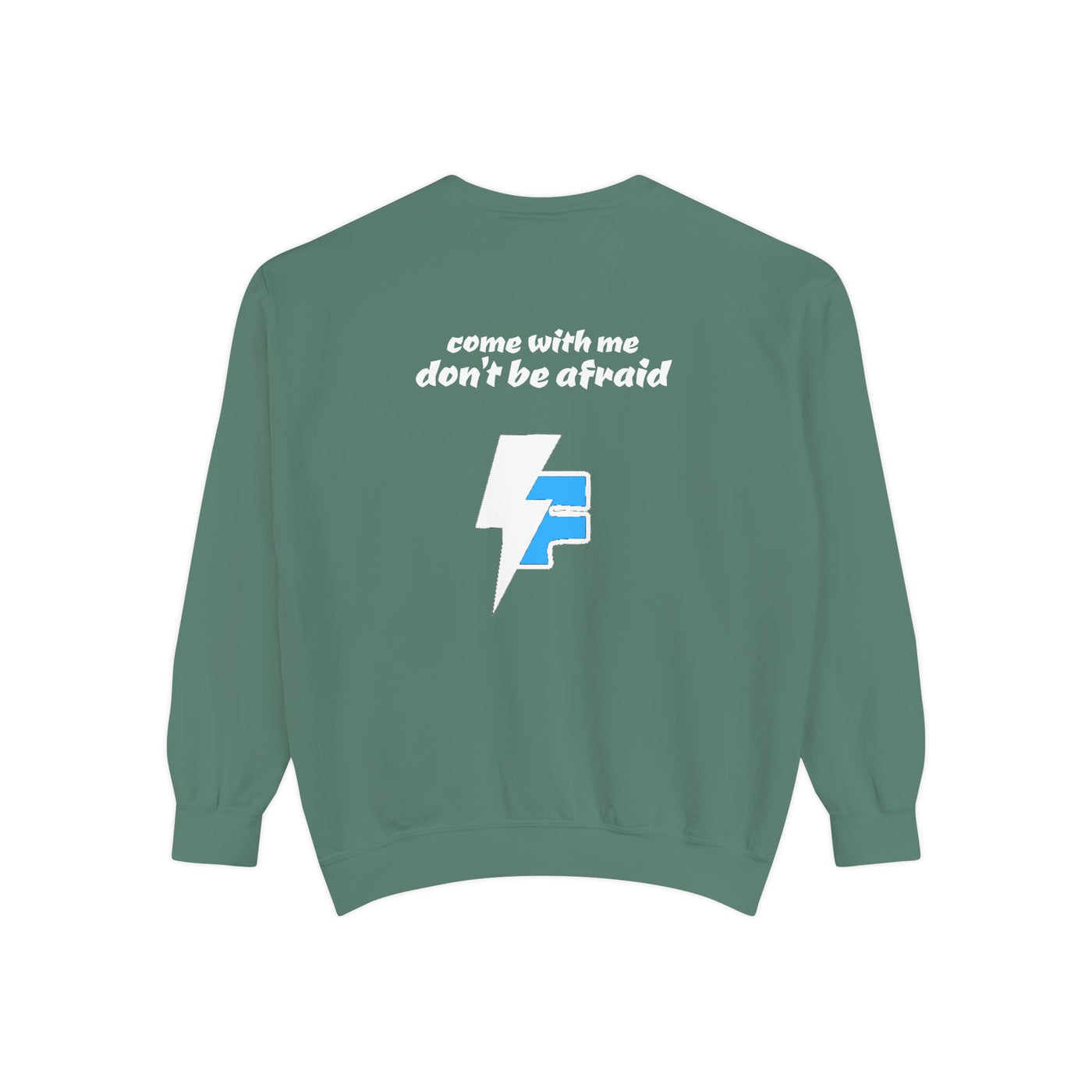 Don't Be Afraid and Come With Me graphic sweatshirt, cool design on blue unisex sweater, perfect for Halloween vibes.