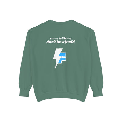 Don't Be Afraid and Come With Me graphic sweatshirt, cool design on blue unisex sweater, perfect for Halloween vibes.