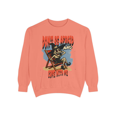 Don't be afraid and come with me graphic sweatshirt in coral color, unisex, adds quirky style to casual wear.